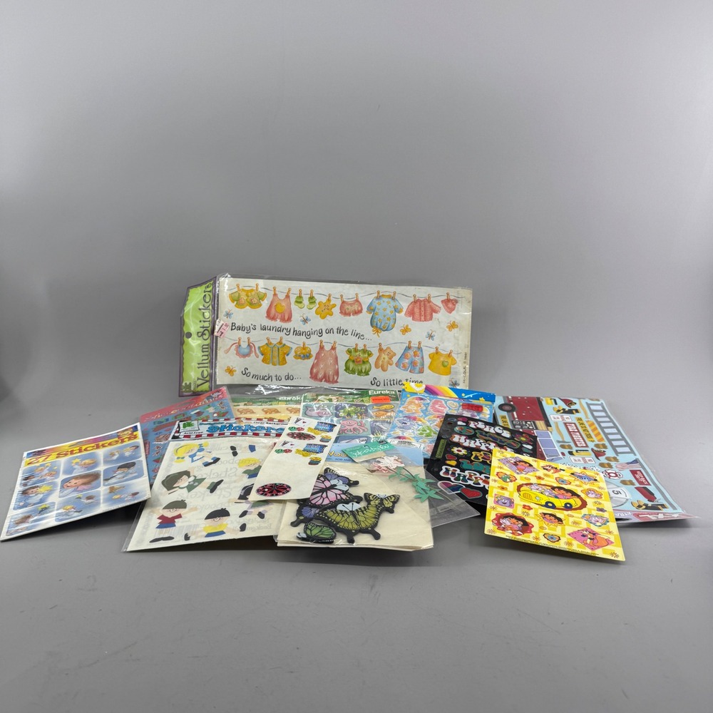 Vintage Sticker Lot Eureka Stickopotamus Care Bears Dora Vellum Scrapbook 90s
